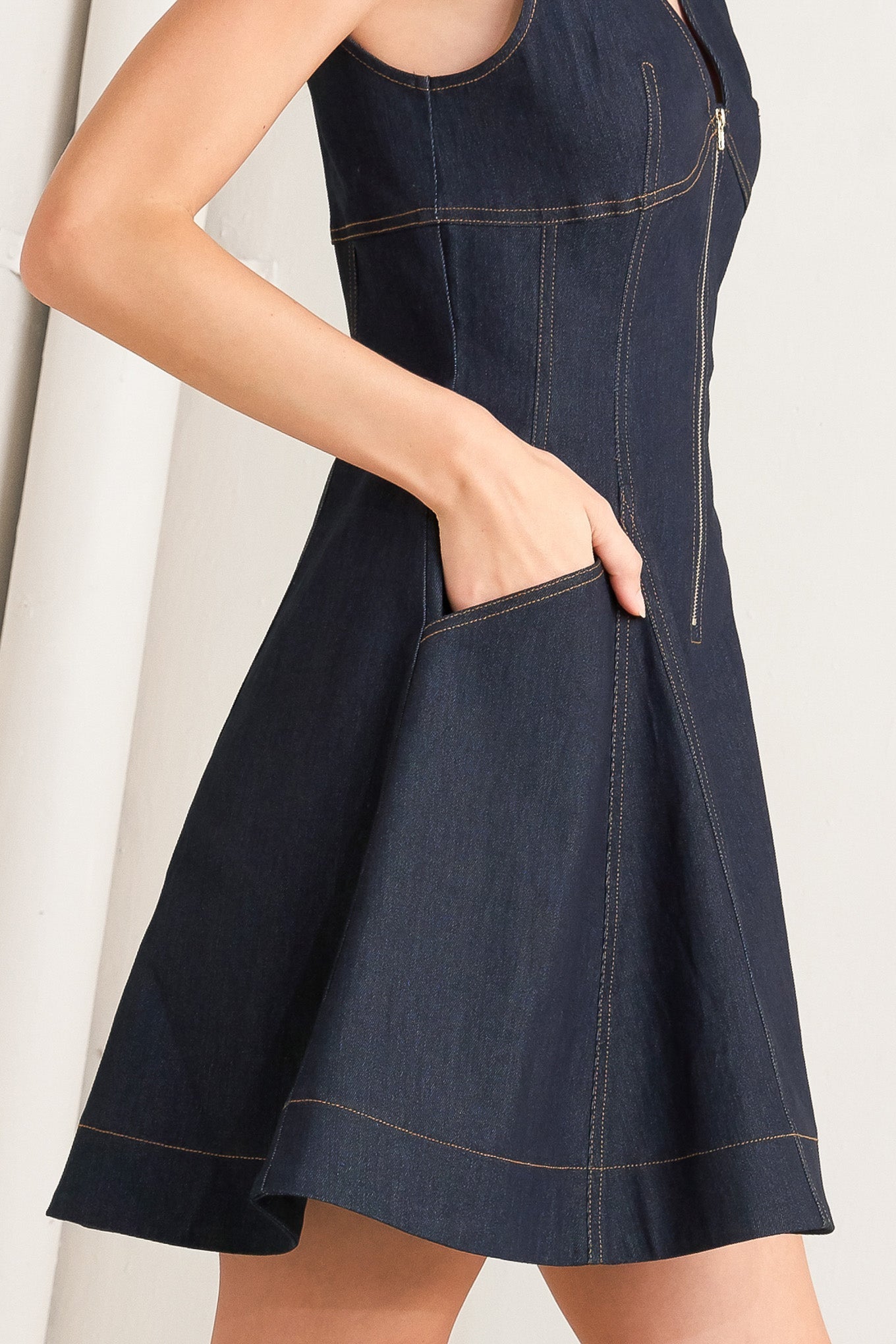 FRESH EDIT V-NECK ZIP FRONT DARK DENIM MINI DRESS