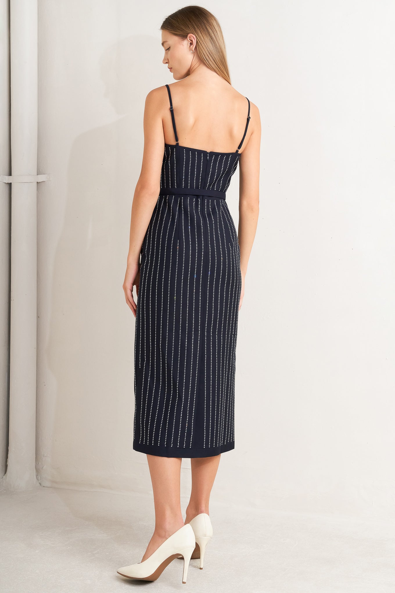 VERTICAL MICRO CRYSTAL NAVY MIDI DRESS