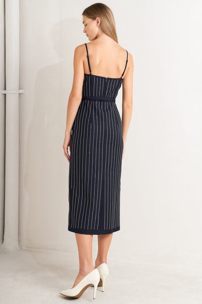 VERTICAL MICRO CRYSTAL NAVY MIDI DRESS