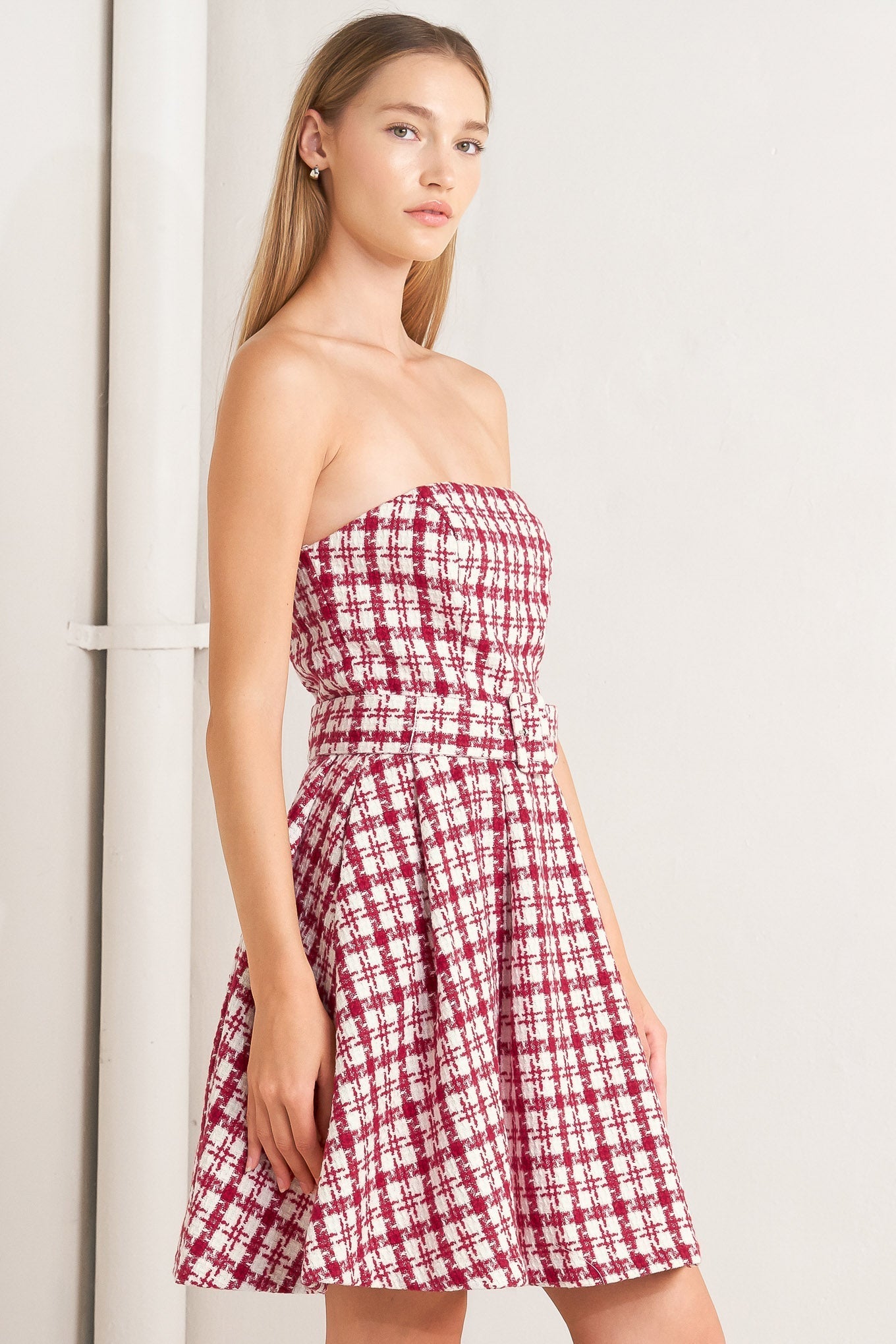 RED CHECK TWEED MINI DRESS