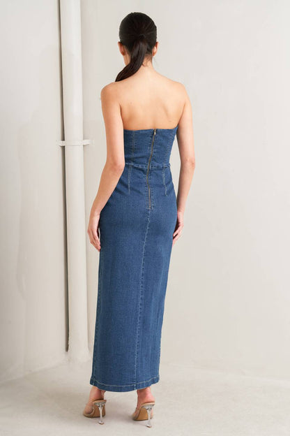 RAW ECHO HIGH SLIT DENIM MIDI DRESS