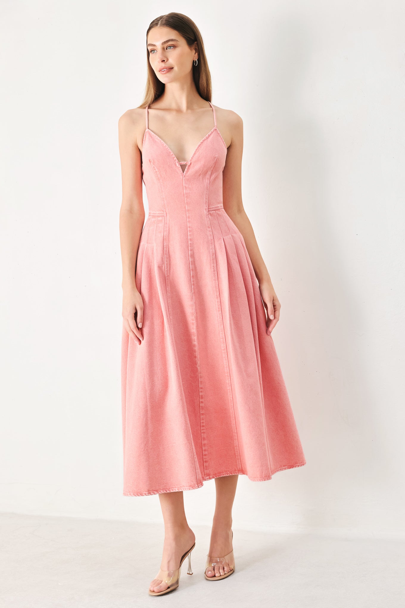 PINK HAZE OPEN BACK DENIM MIDI DRESS