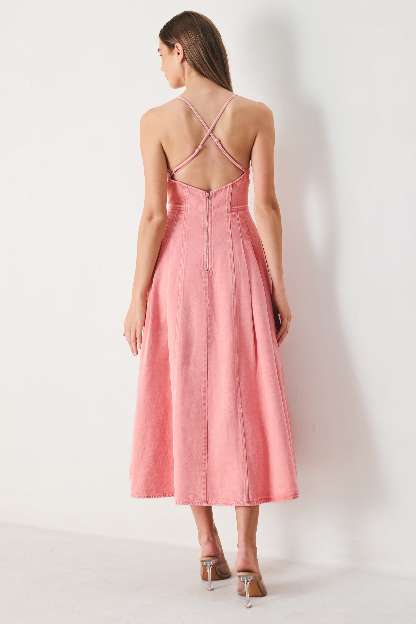 PINK HAZE OPEN BACK DENIM MIDI DRESS