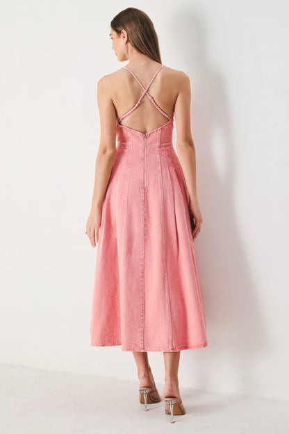 PINK HAZE OPEN BACK DENIM MIDI DRESS