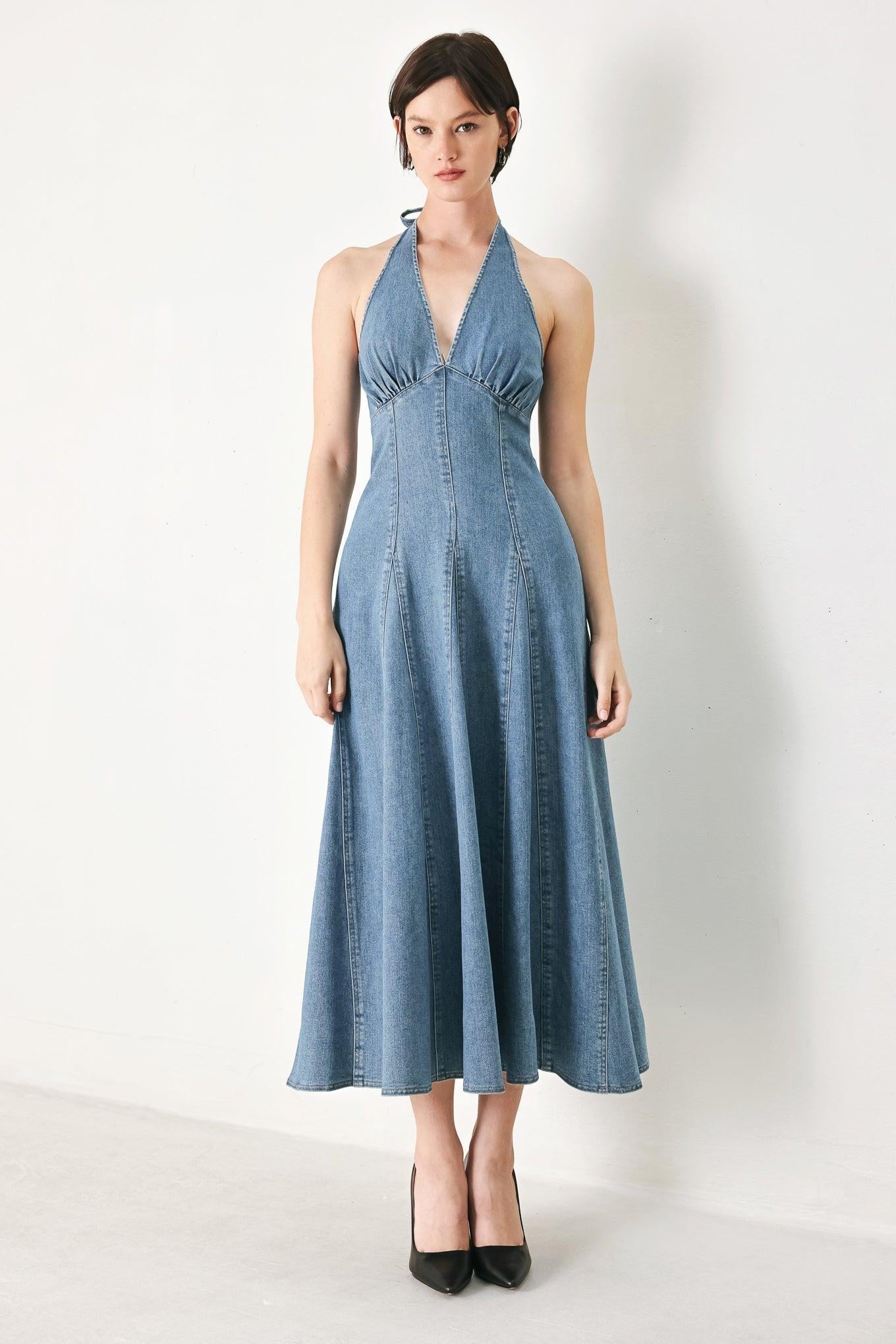 NASHVILLE BLUES HALTER DENIM MIDI DRESS
