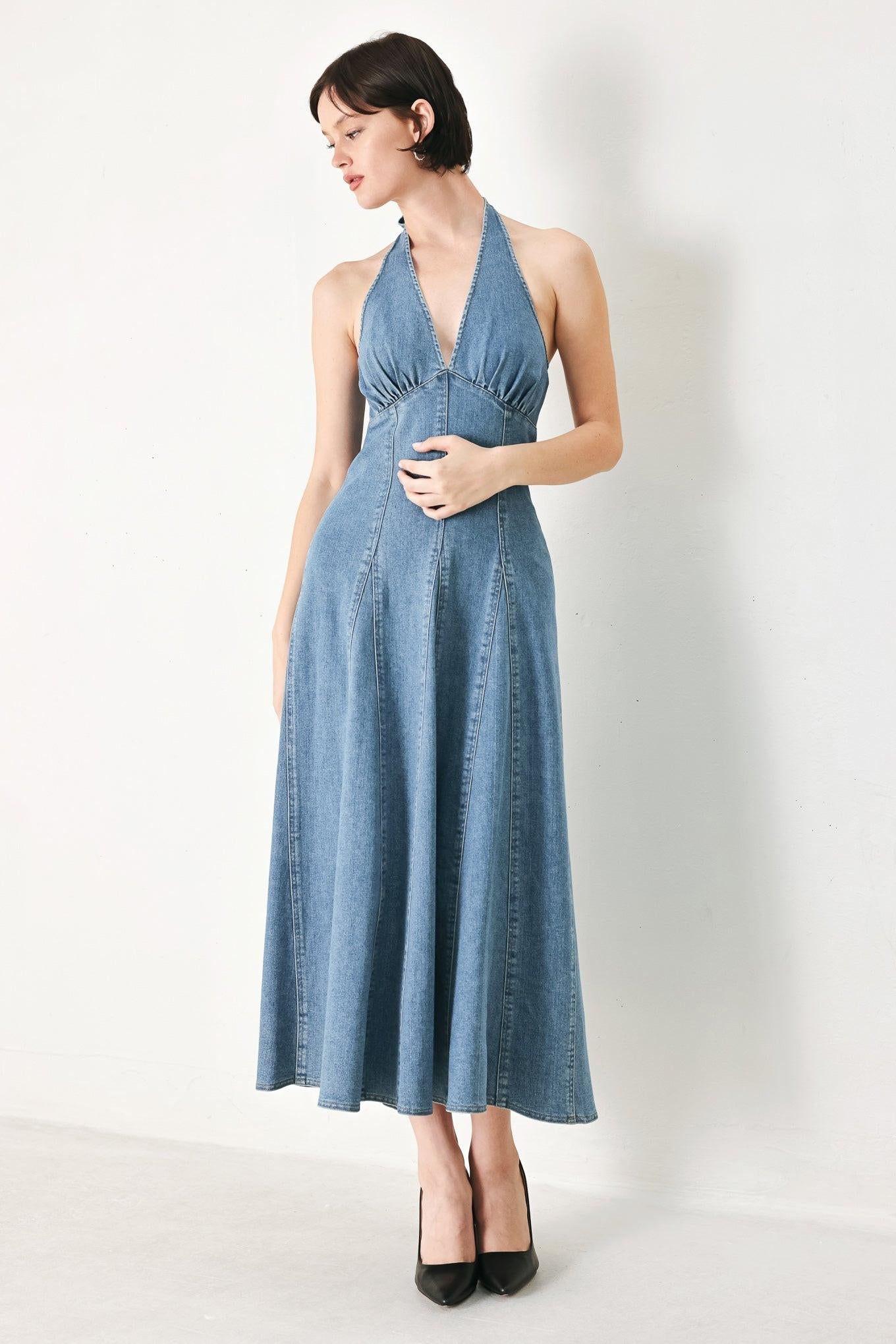 NASHVILLE BLUES HALTER DENIM MIDI DRESS