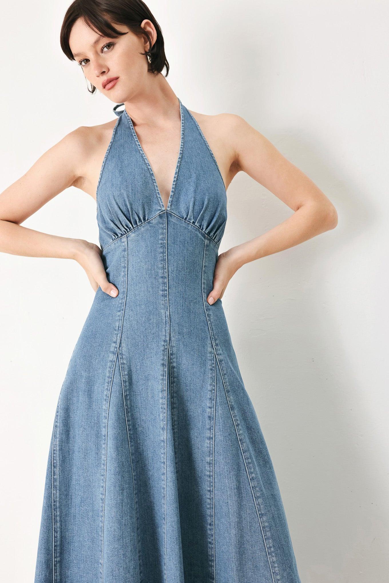 NASHVILLE BLUES HALTER DENIM MIDI DRESS