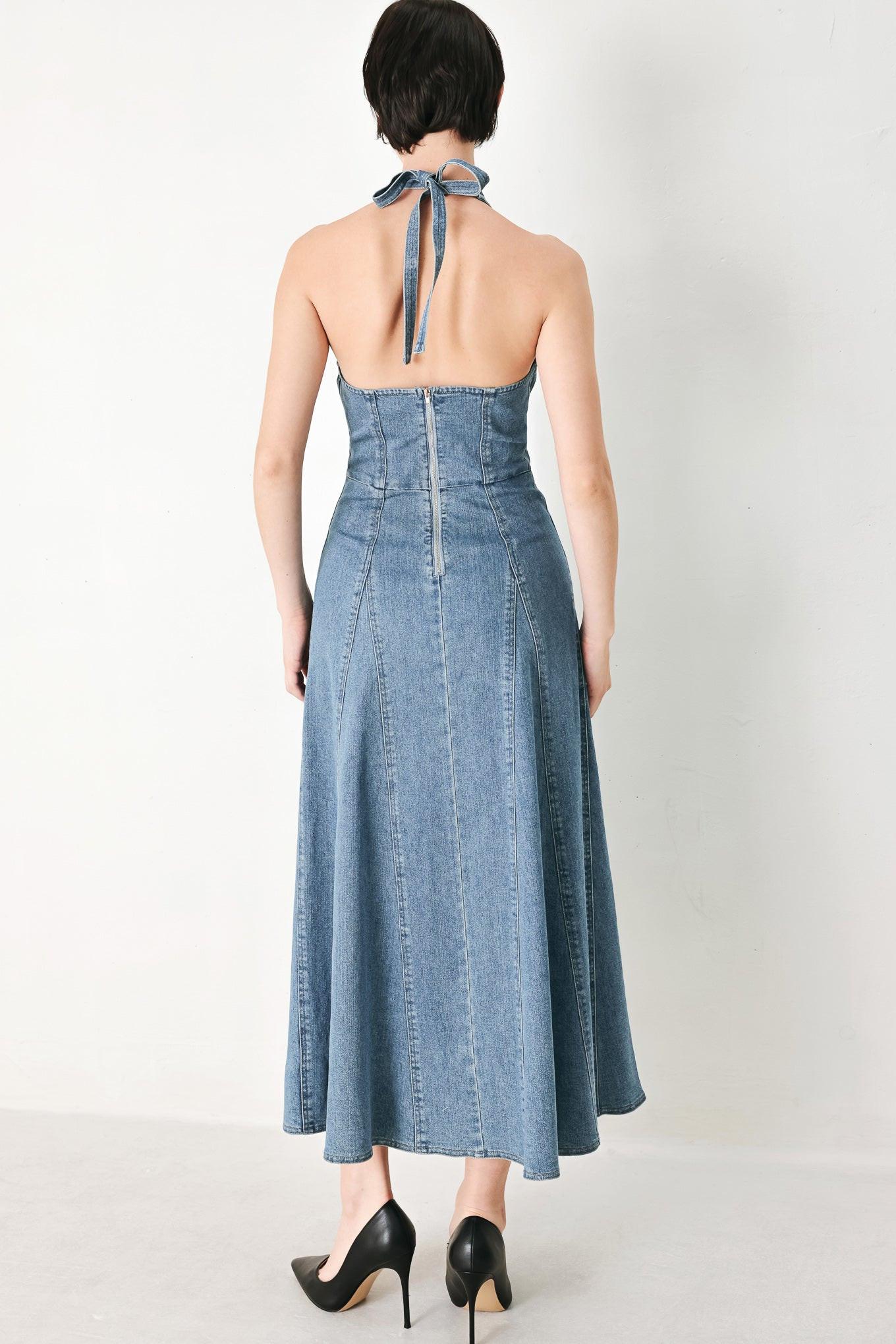 NASHVILLE BLUES HALTER DENIM MIDI DRESS