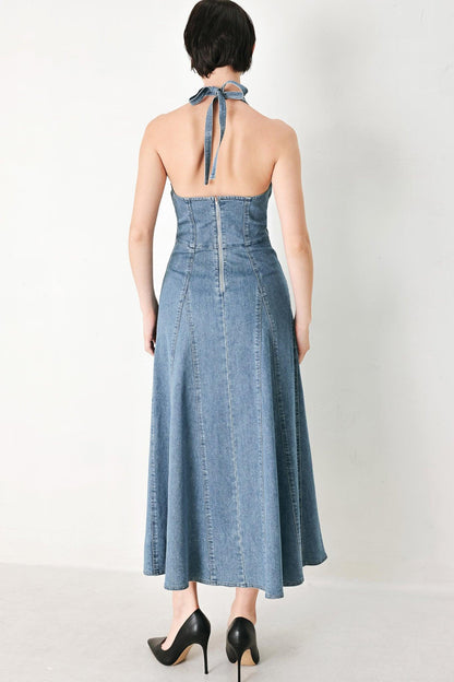 NASHVILLE BLUES HALTER DENIM MIDI DRESS