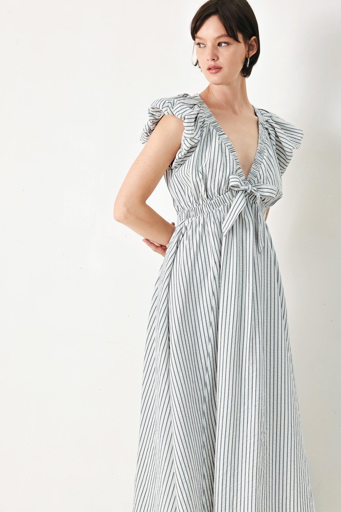 WHISPER STRIPE EMPIRE WAIST MIDI DRESS