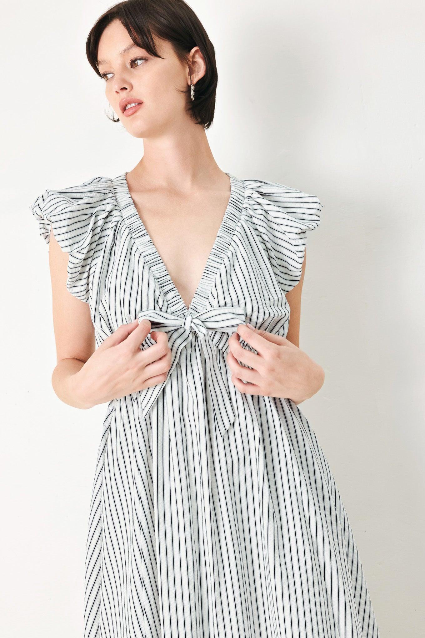 WHISPER STRIPE EMPIRE WAIST MIDI DRESS
