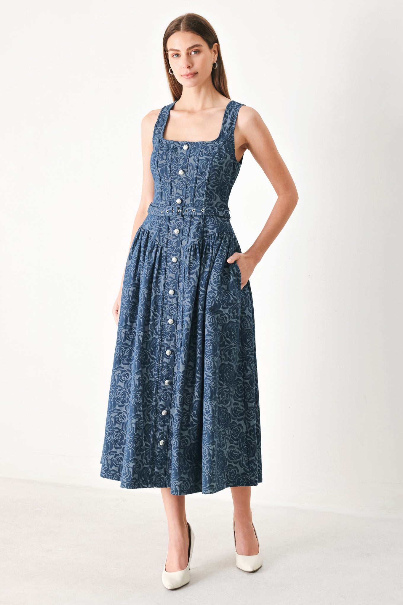 MIDNIGHT GARDEN FLORAL JACQUARD DENIM MIDI DRESS