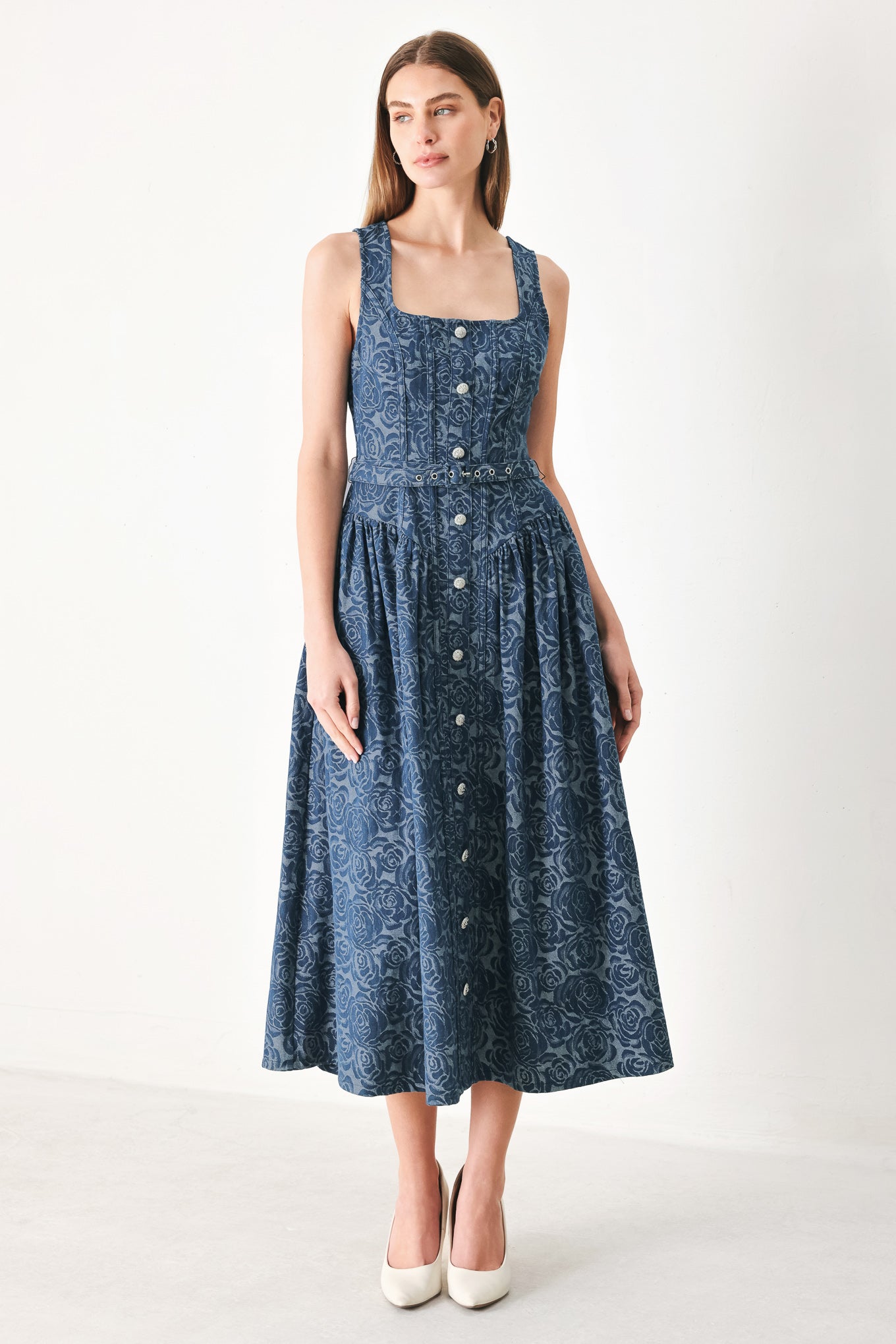 MIDNIGHT GARDEN FLORAL JACQUARD DENIM MIDI DRESS