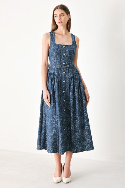 MIDNIGHT GARDEN FLORAL JACQUARD DENIM MIDI DRESS