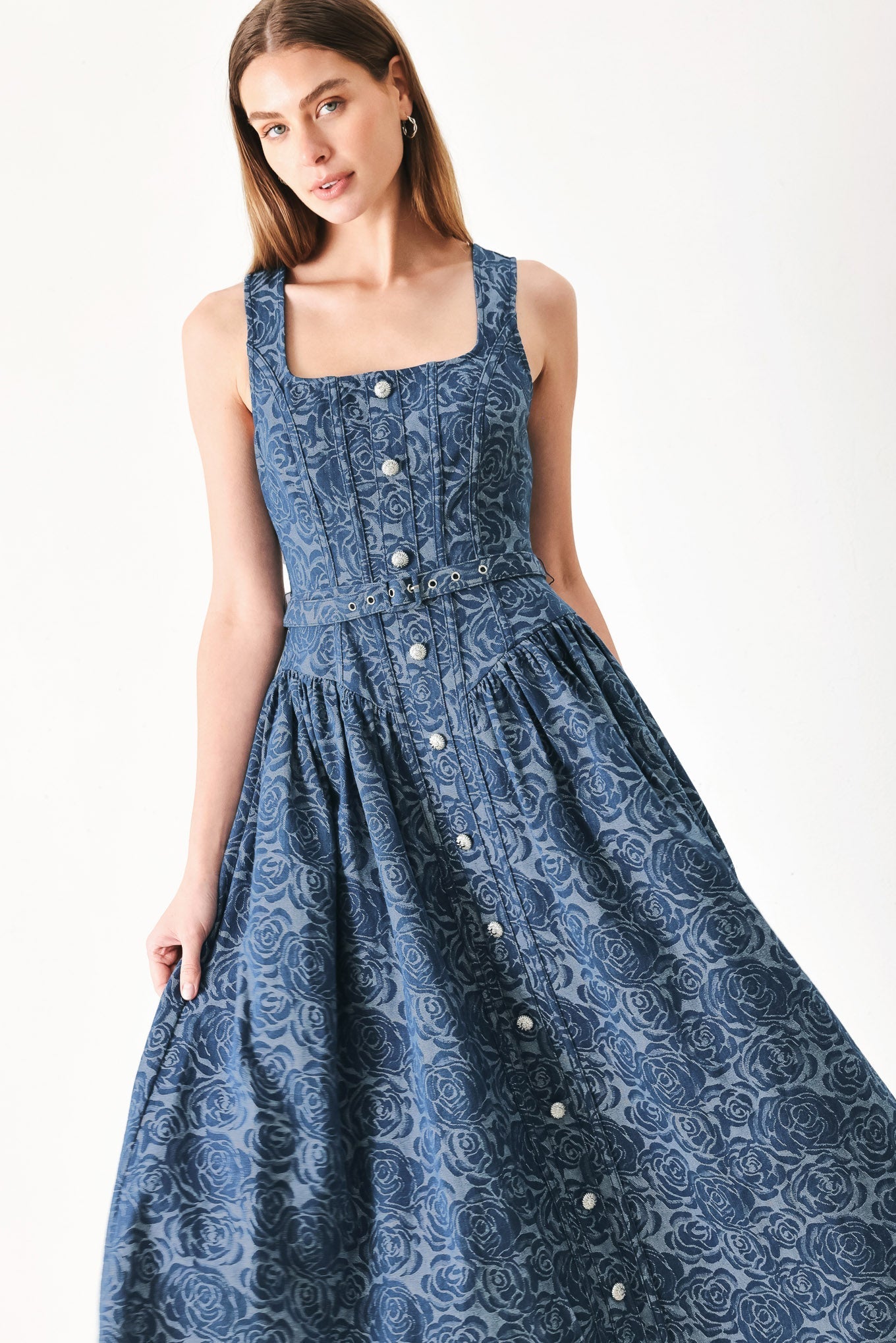 MIDNIGHT GARDEN FLORAL JACQUARD DENIM MIDI DRESS