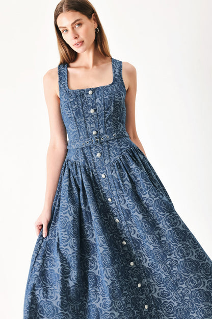 MIDNIGHT GARDEN FLORAL JACQUARD DENIM MIDI DRESS