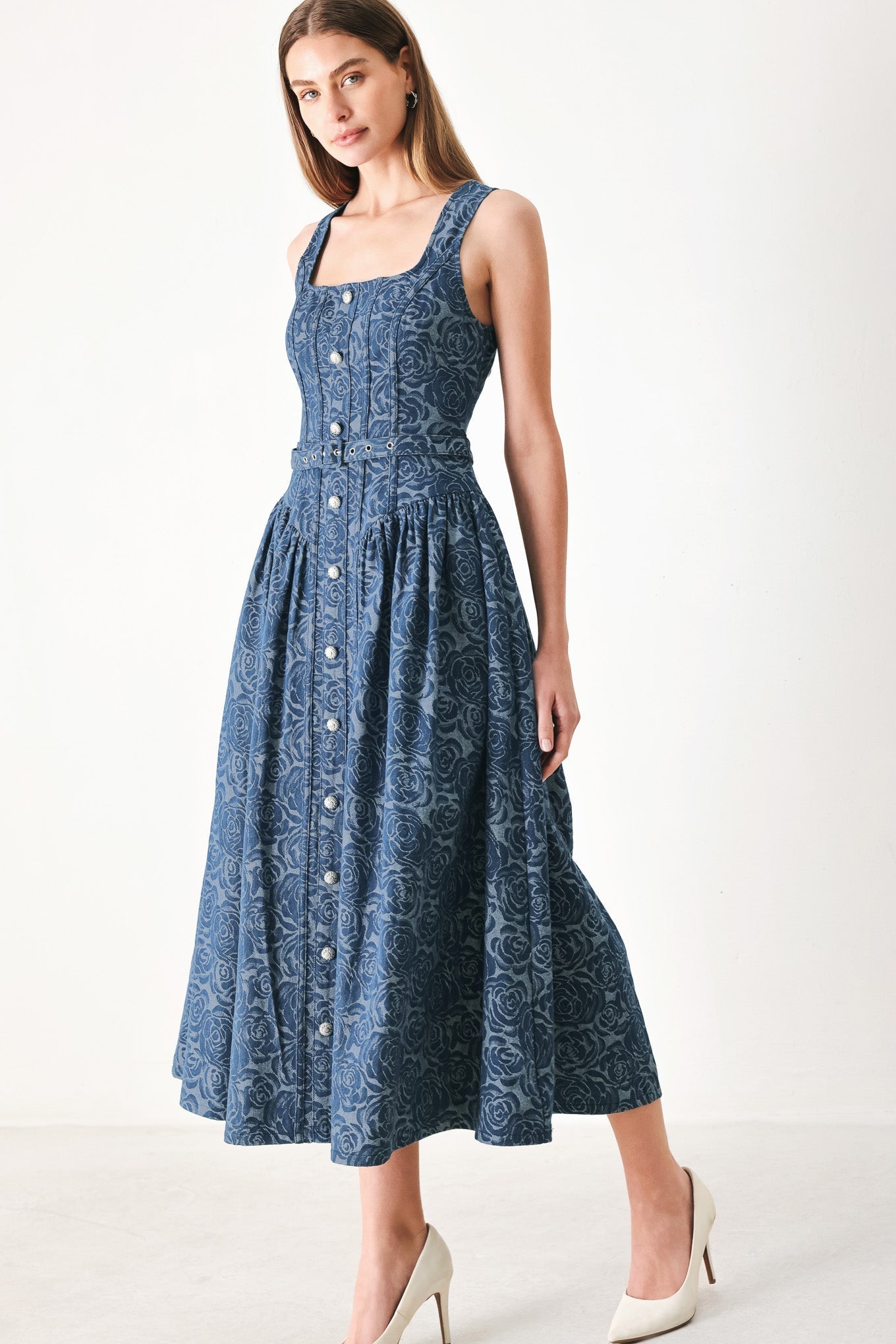 MIDNIGHT GARDEN FLORAL JACQUARD DENIM MIDI DRESS