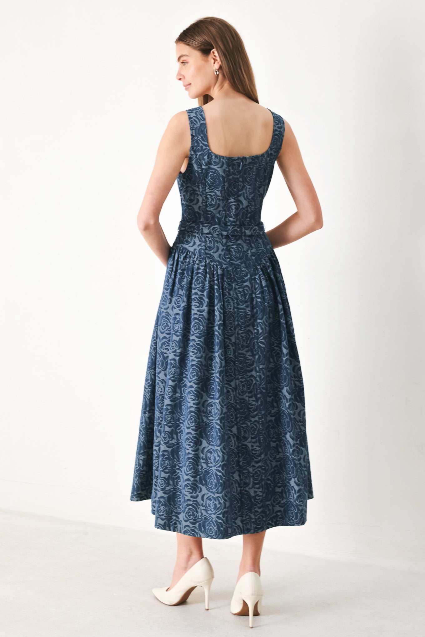 MIDNIGHT GARDEN FLORAL JACQUARD DENIM MIDI DRESS