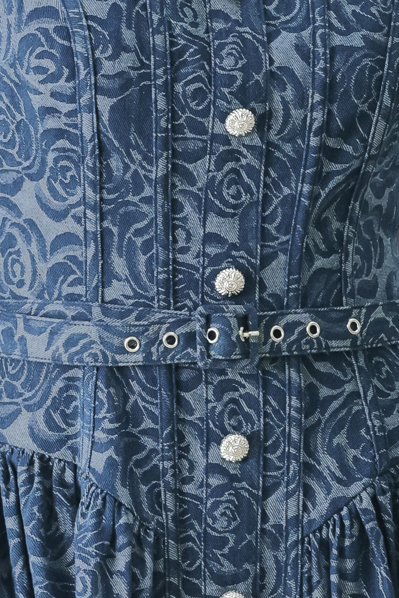 MIDNIGHT GARDEN FLORAL JACQUARD DENIM MIDI DRESS