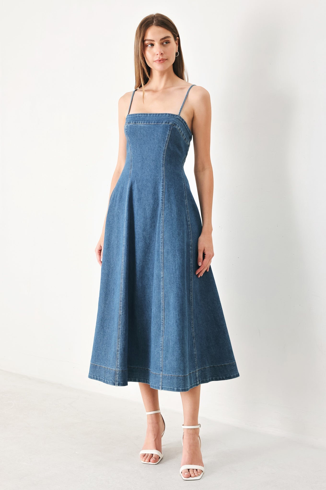 SUMMER INDIGO STRAIGHT NECK DENIM MIDI DRESS