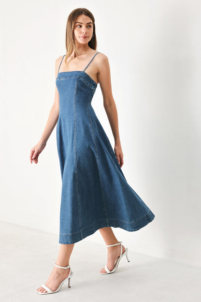 SUMMER INDIGO STRAIGHT NECK DENIM MIDI DRESS