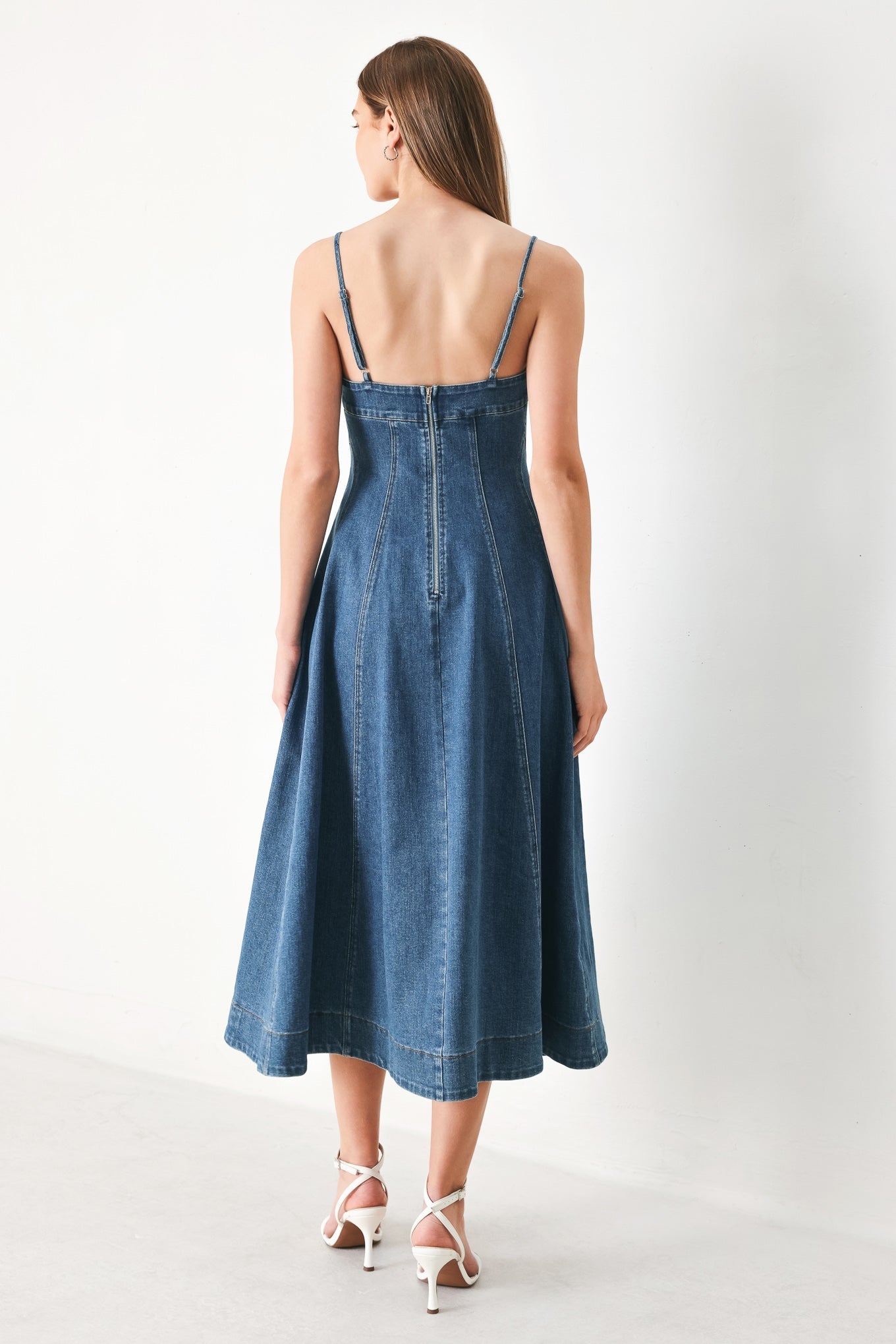 SUMMER INDIGO STRAIGHT NECK DENIM MIDI DRESS