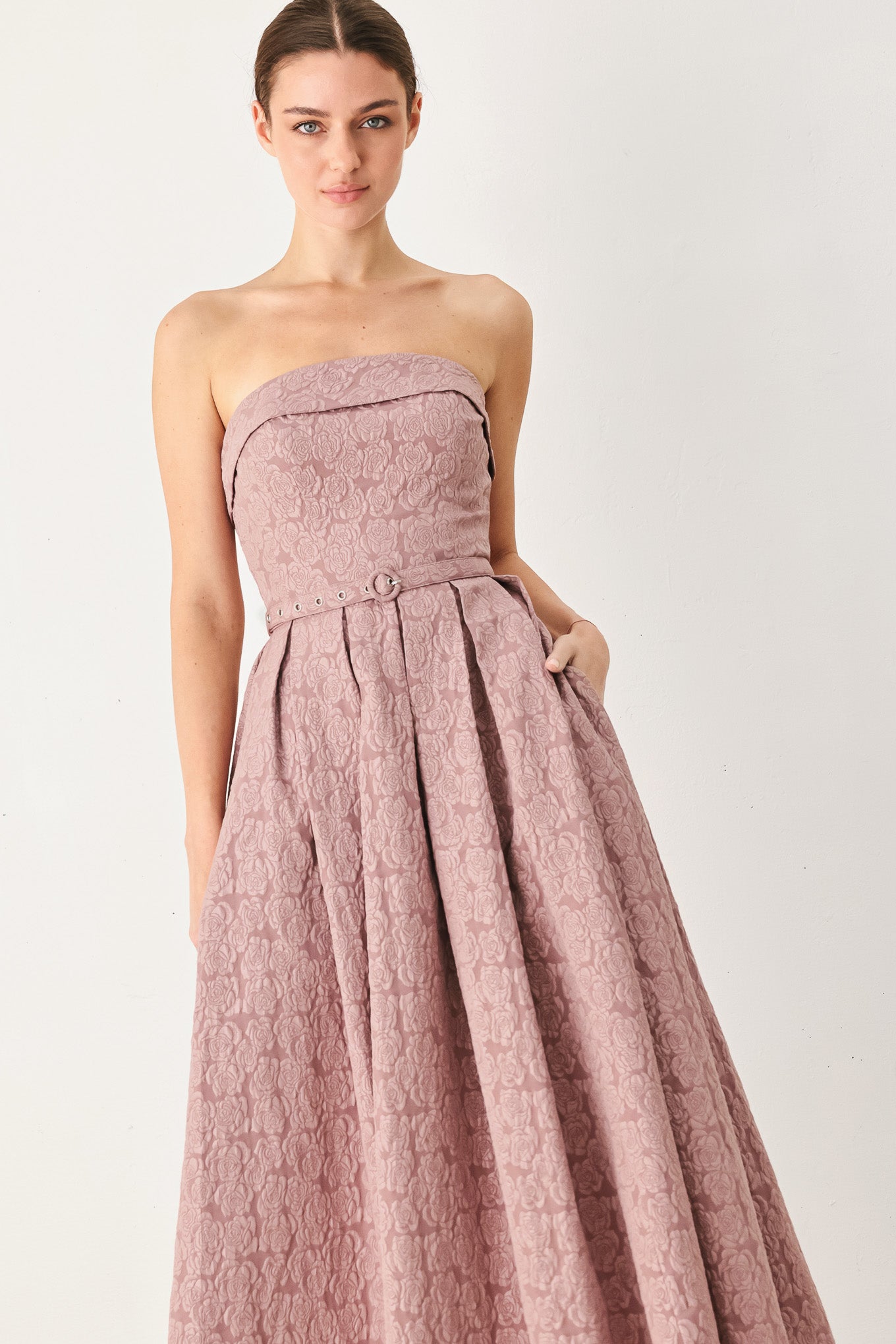 ROSETTE BANDEAU MAUVE MIDI DRESS