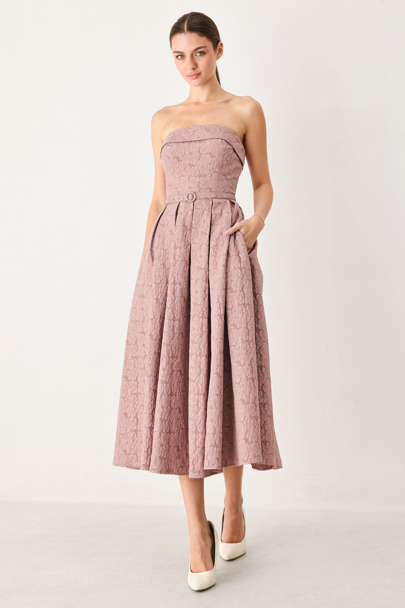 ROSETTE BANDEAU MAUVE MIDI DRESS