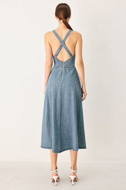 SUNDAY MUSE V-NECK LIGHT DENIM MIDI DRESS
