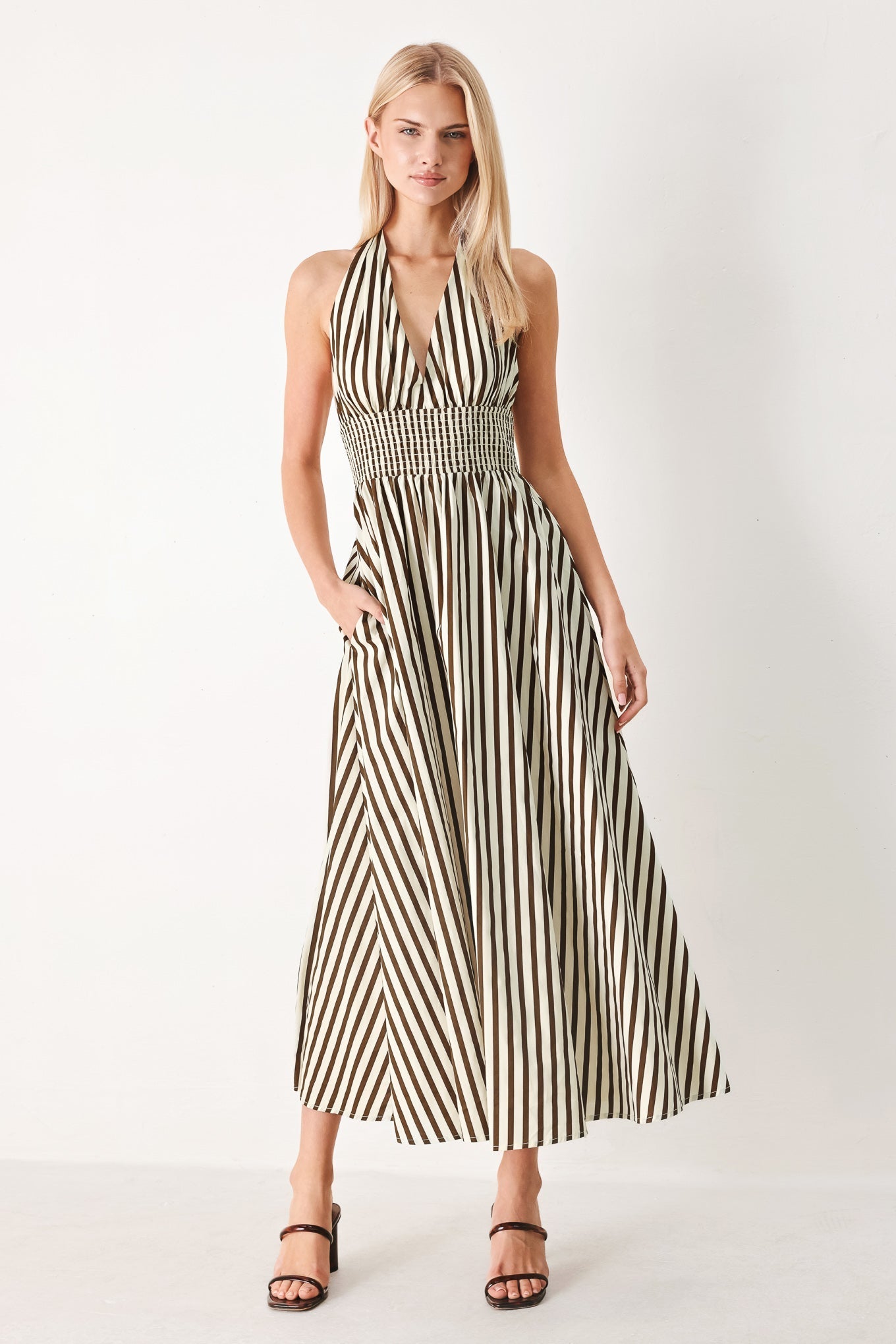 VACATION STRIPED HALTER MIDI DRESS