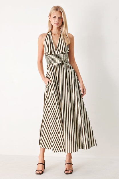 VACATION STRIPED HALTER MIDI DRESS