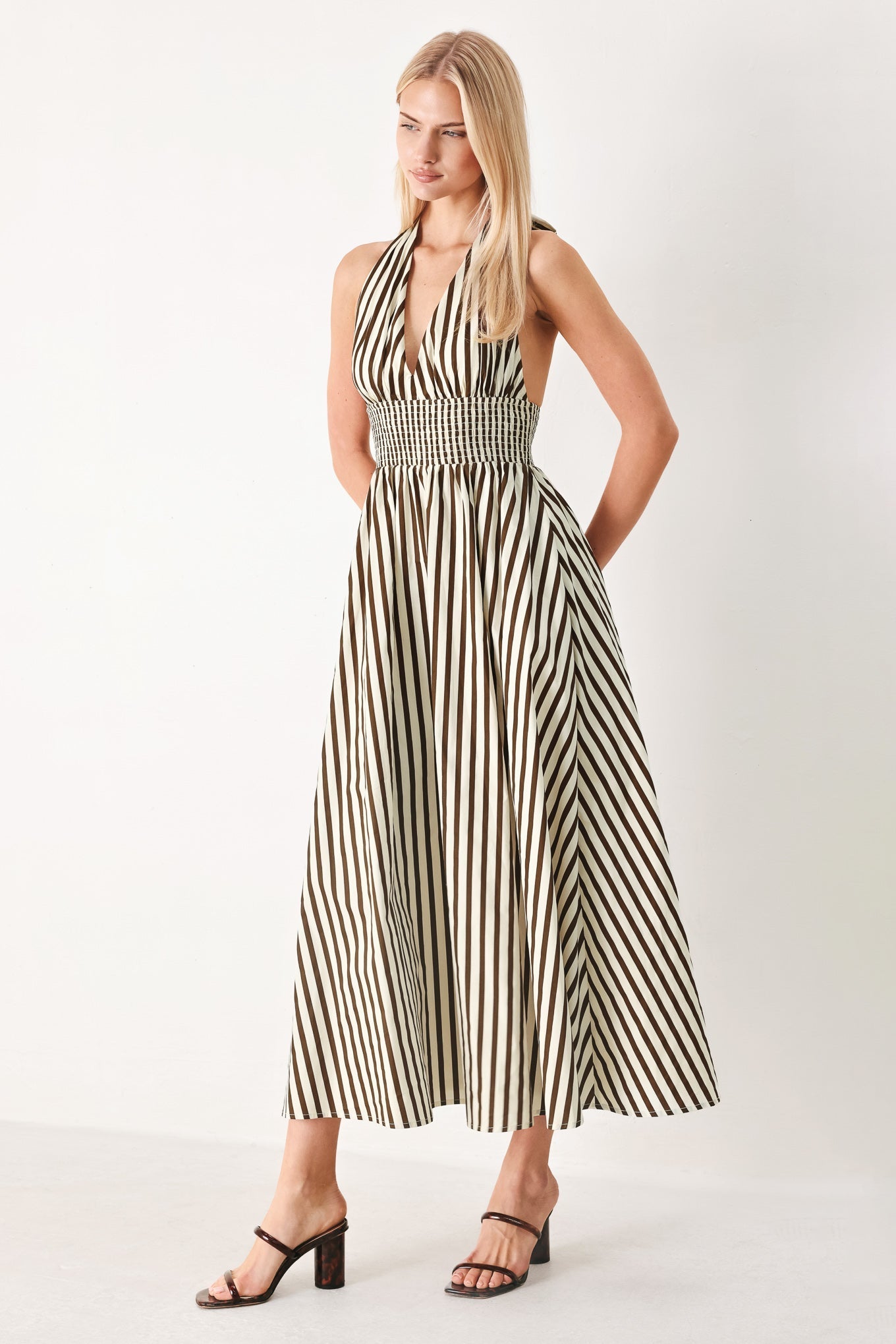 VACATION STRIPED HALTER MIDI DRESS