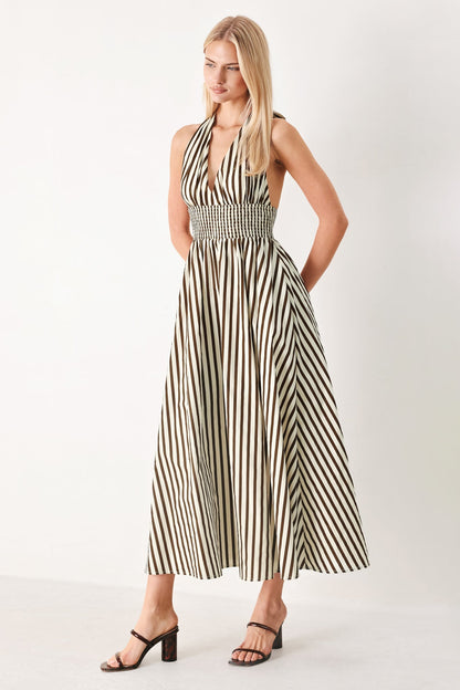 VACATION STRIPED HALTER MIDI DRESS