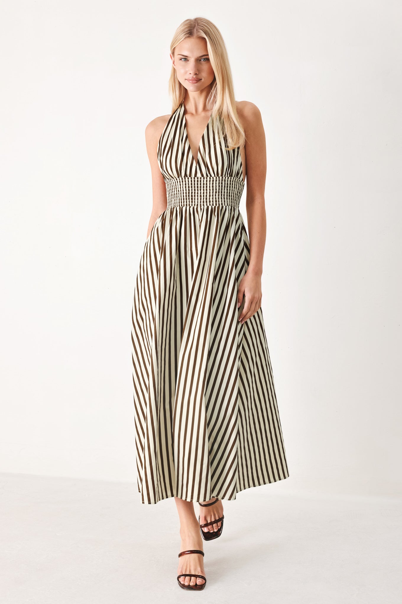 VACATION STRIPED HALTER MIDI DRESS