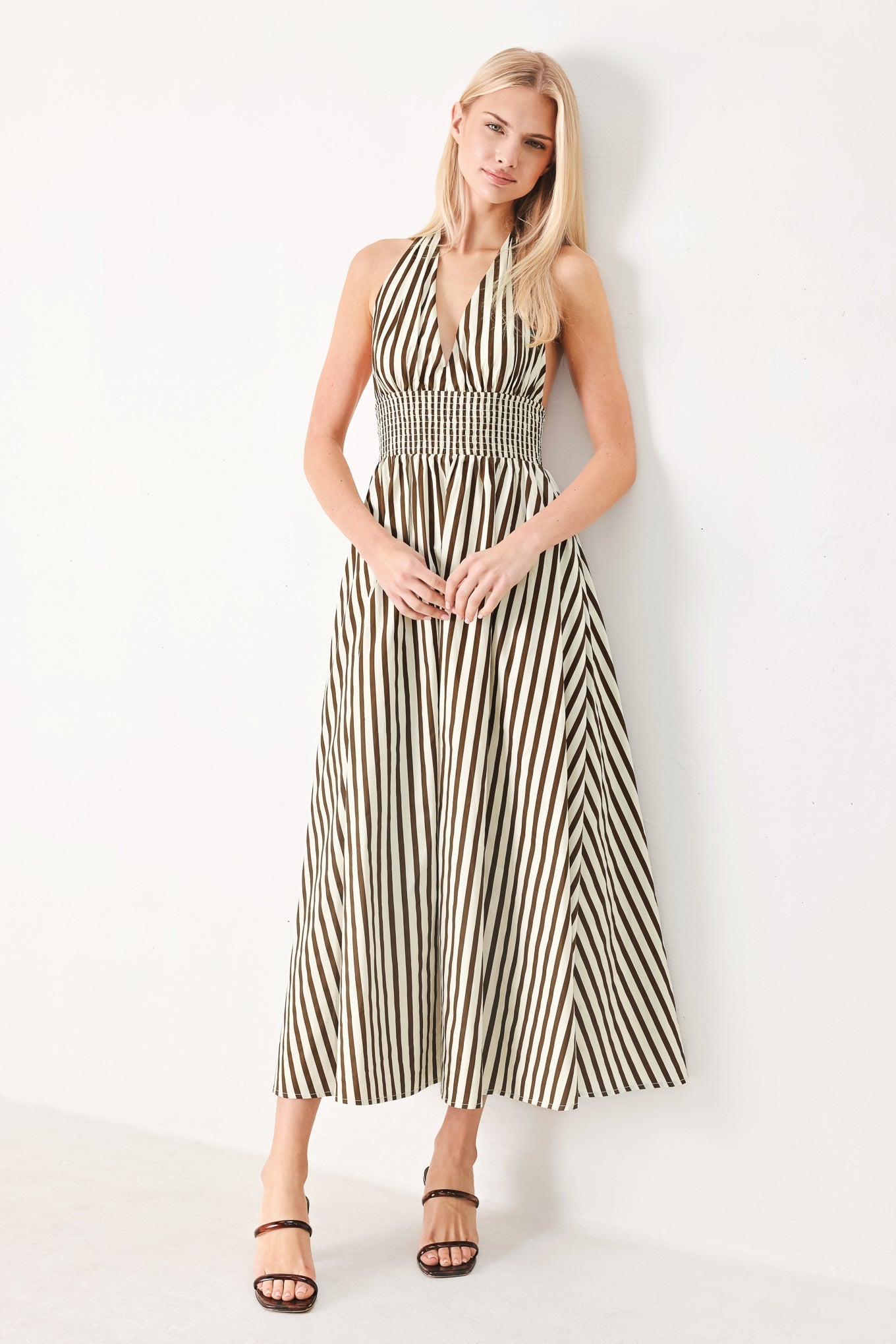 VACATION STRIPED HALTER MIDI DRESS