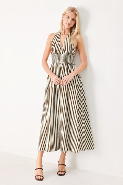 VACATION STRIPED HALTER MIDI DRESS