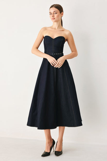 ICONIC INDIGO STRAPLESS DARK DENIM MIDI DRESS