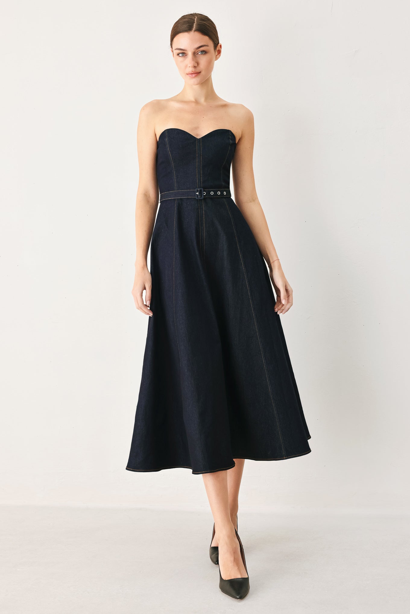 ICONIC INDIGO STRAPLESS DARK DENIM MIDI DRESS