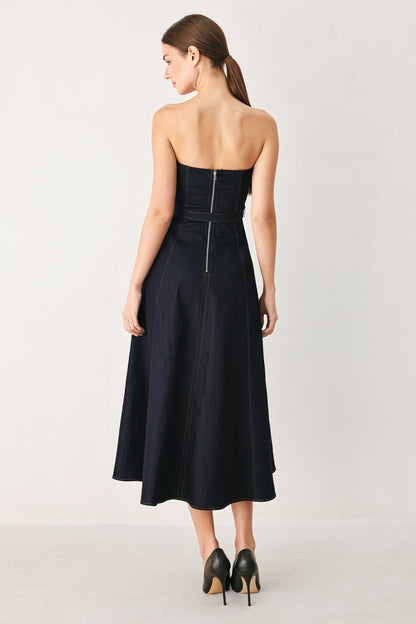 ICONIC INDIGO STRAPLESS DARK DENIM MIDI DRESS