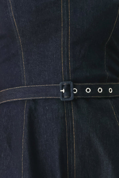 ICONIC INDIGO STRAPLESS DARK DENIM MIDI DRESS