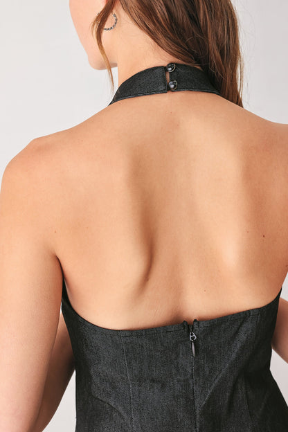 AFTER DARK HALTER DENIM MIDI DRESS