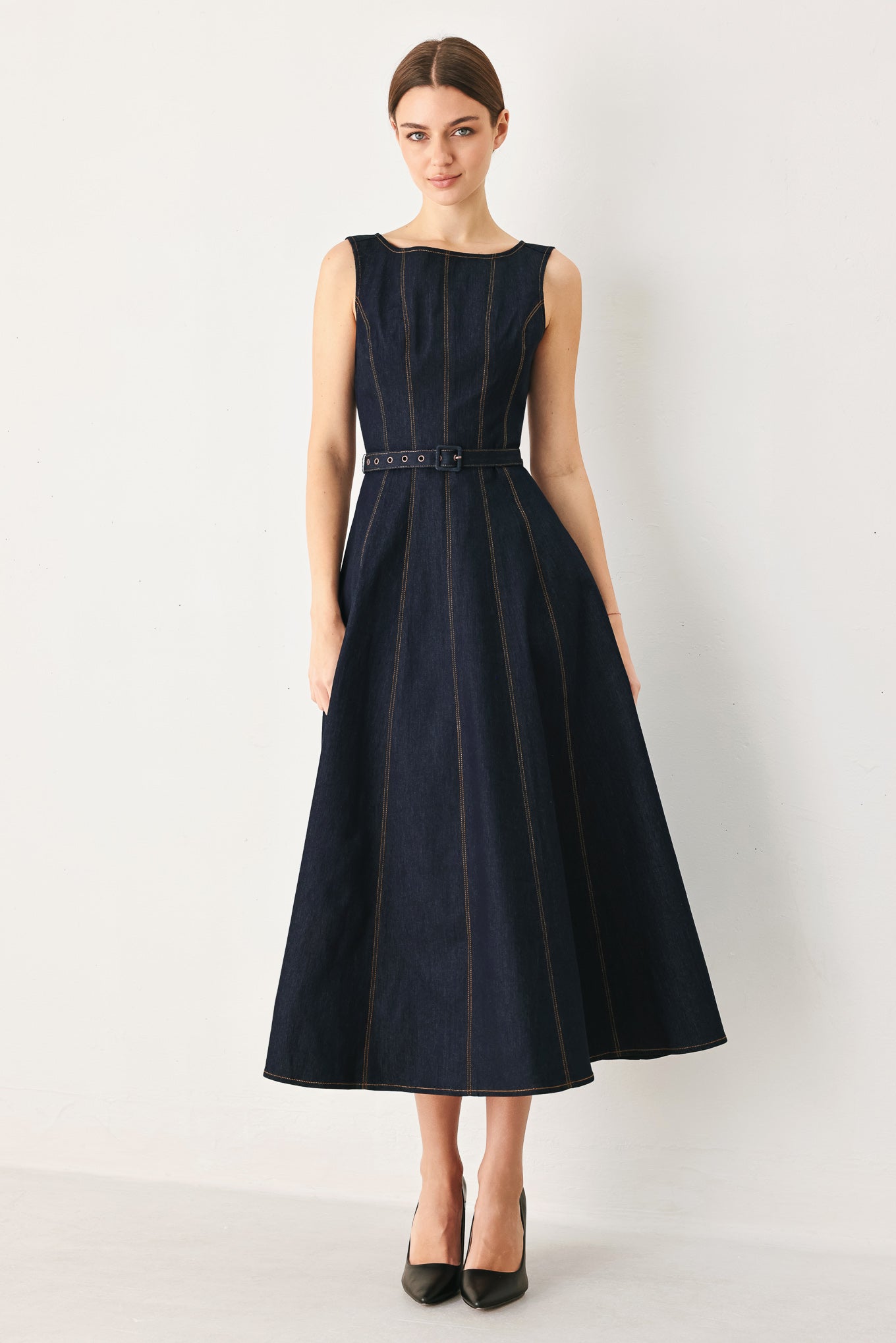TAILORED STITCH DARK DENIM MIDI DRESS
