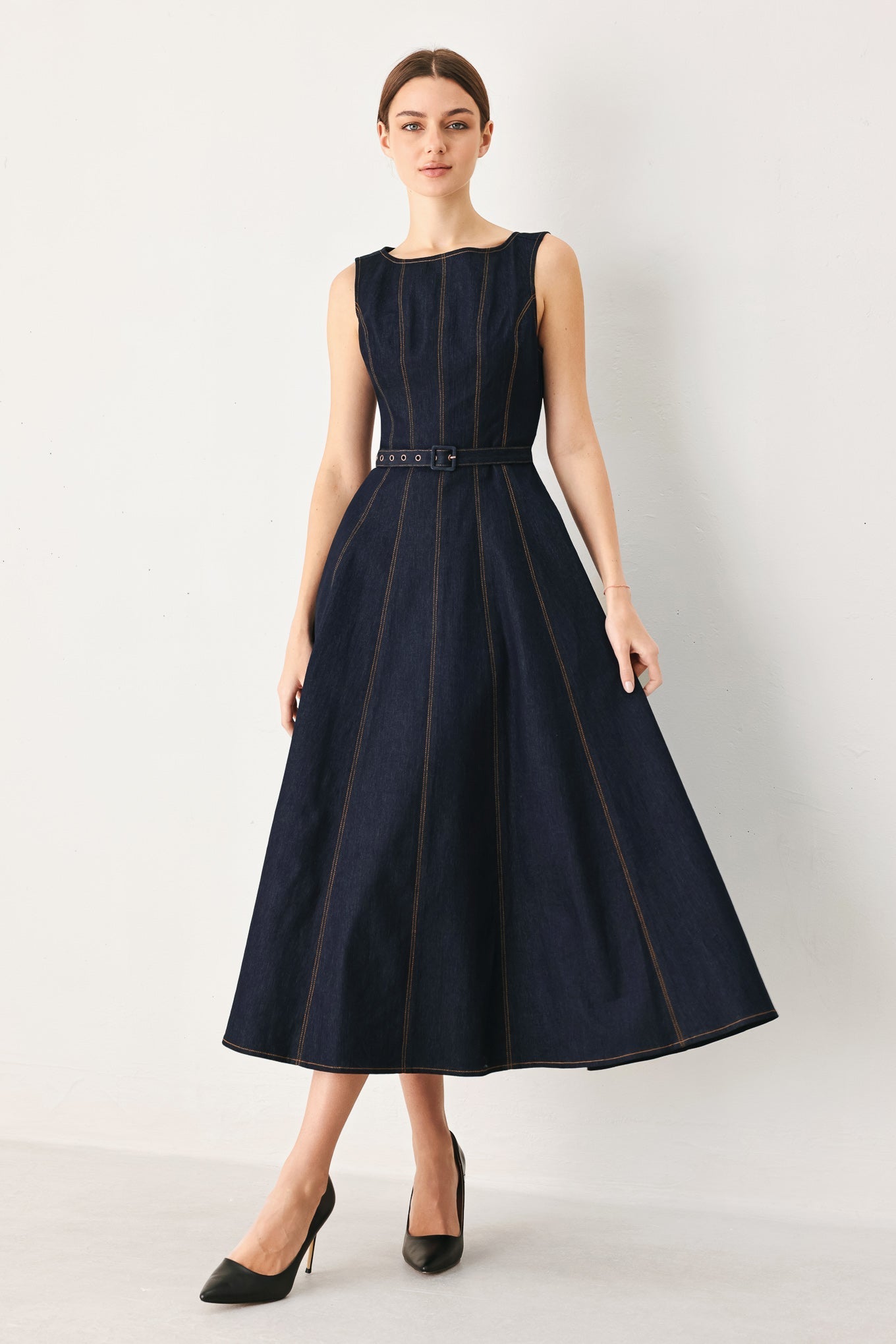 TAILORED STITCH DARK DENIM MIDI DRESS