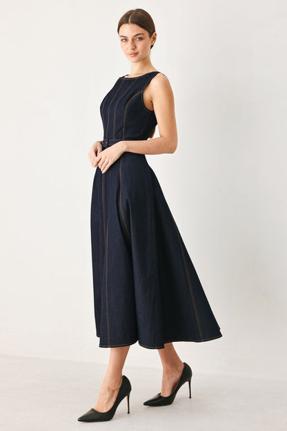 TAILORED STITCH DARK DENIM MIDI DRESS