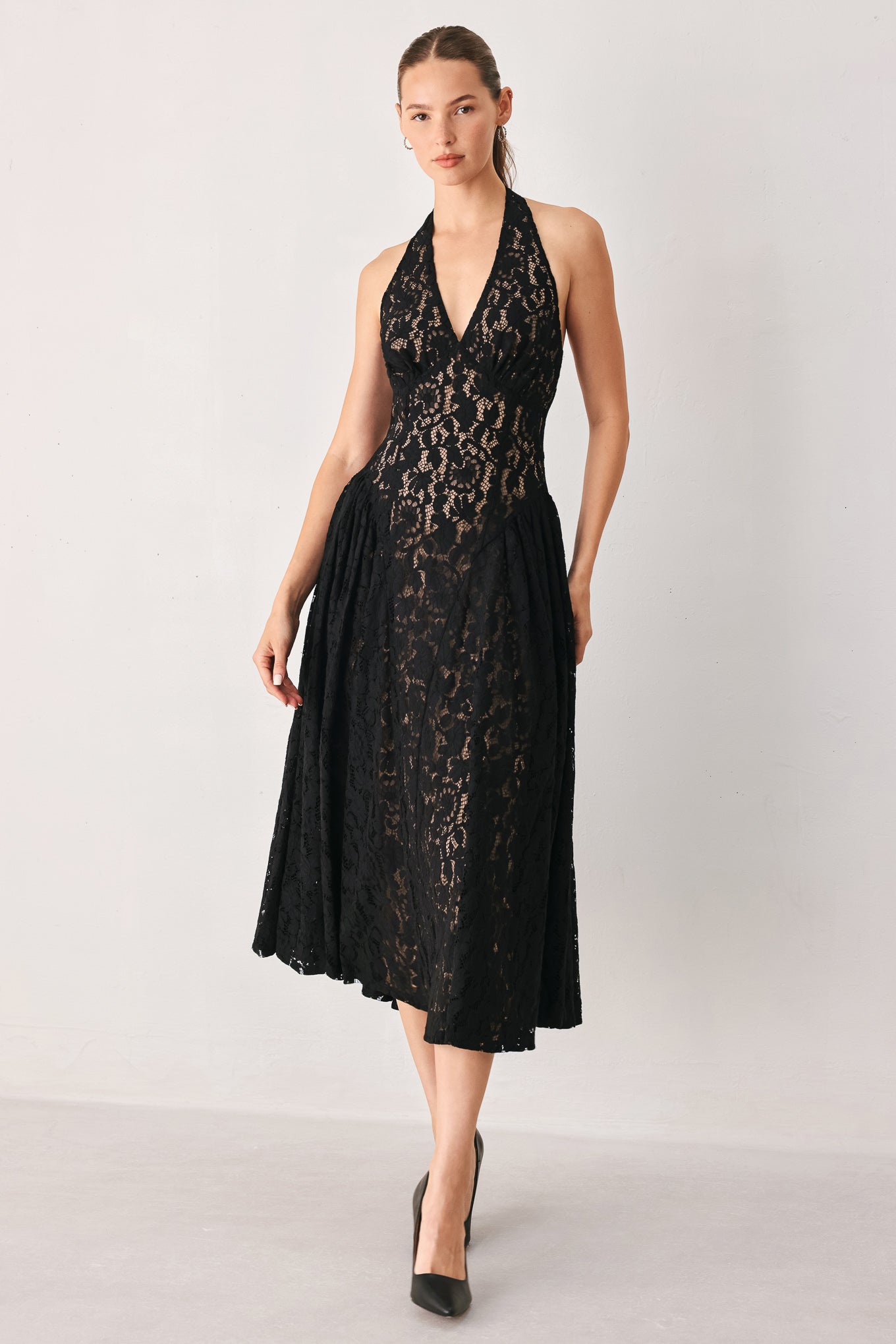 MIDNIGHT OBSIDIAN BLACK LACE HALTER MIDI DRESS