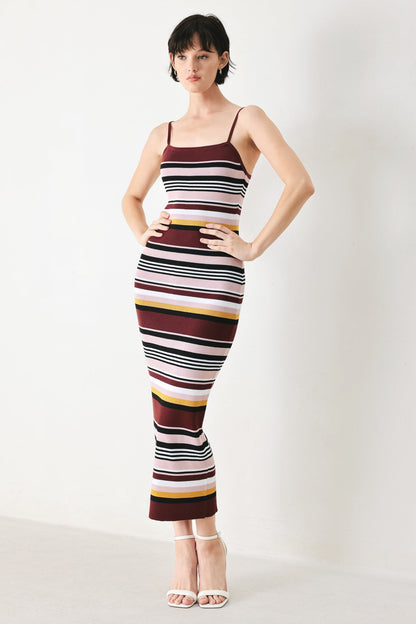 BURGUNDY STRIPE SWEATER KNIT MIDI DRESS