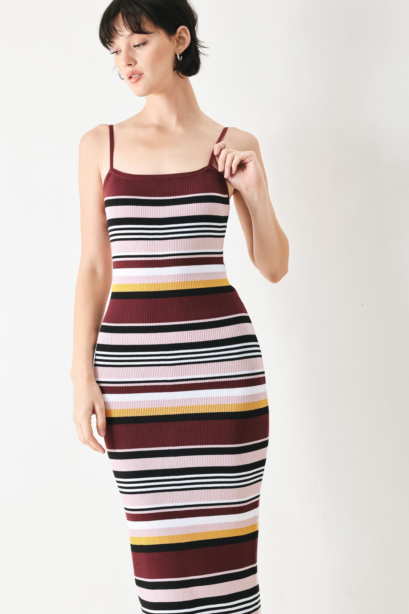 BURGUNDY STRIPE SWEATER KNIT MIDI DRESS