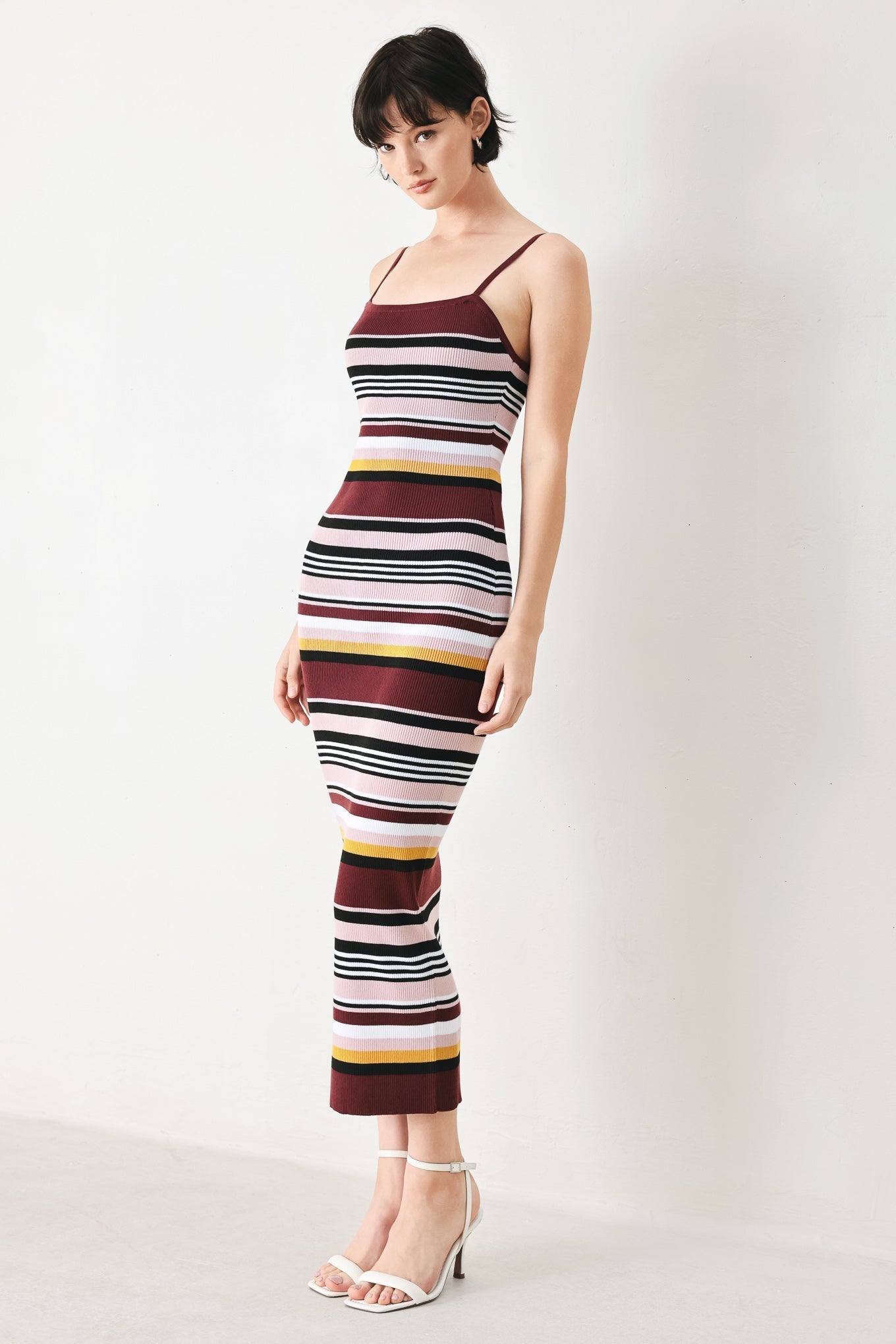 BURGUNDY STRIPE SWEATER KNIT MIDI DRESS