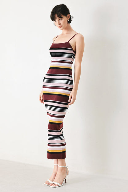 BURGUNDY STRIPE SWEATER KNIT MIDI DRESS