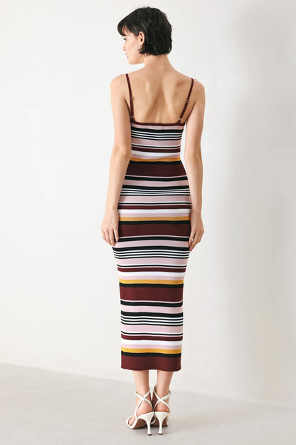 BURGUNDY STRIPE SWEATER KNIT MIDI DRESS